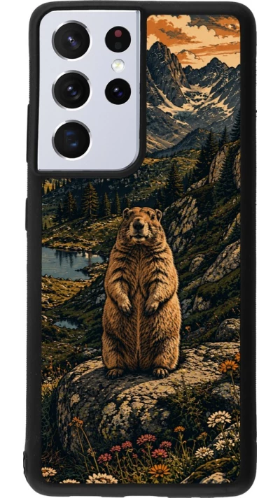 Coque Samsung Galaxy S21 Ultra 5G - Silicone rigide noir Linocut Marmotte