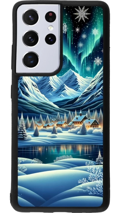 Samsung Galaxy S21 Ultra 5G Case Hülle - Silikon schwarz Verschneites Bergdorf am See in der Nacht