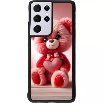 Coque Samsung Galaxy S21 Ultra 5G - Silicone rigide noir Valentine 2024 Ourson rose