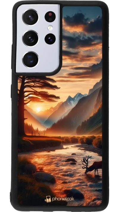 Samsung Galaxy S21 Ultra 5G Case Hülle - Silikon schwarz Tal Sonnenuntergang Hirsch Baum