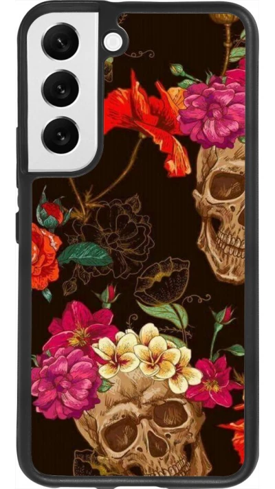 Coque Samsung Galaxy S22 - Silicone rigide noir Skulls and flowers