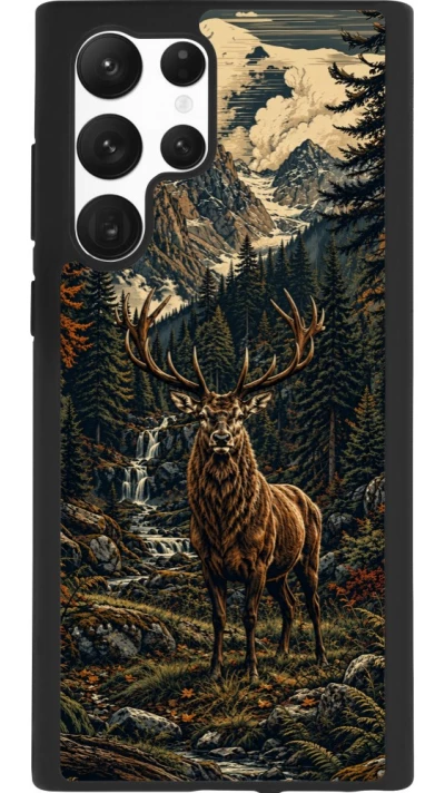Coque Samsung Galaxy S22 Ultra - Silicone rigide noir Linocut Cerf