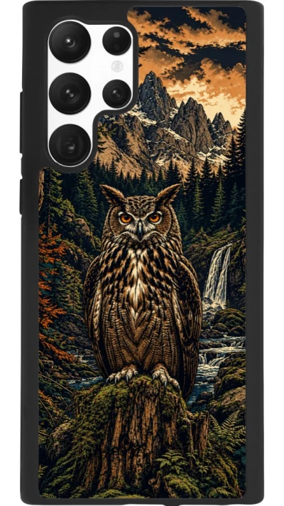Coque Samsung Galaxy S22 Ultra - Silicone rigide noir Linocut Grand-Duc