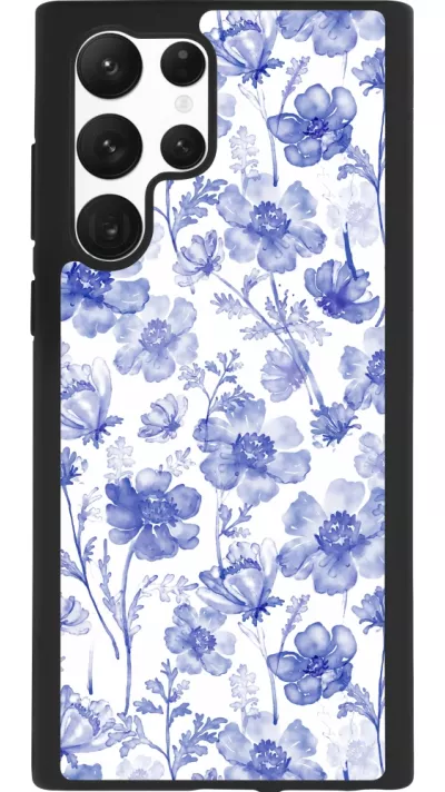 Samsung Galaxy S22 Ultra Case Hülle - Silikon schwarz Spring 23 watercolor blue flowers