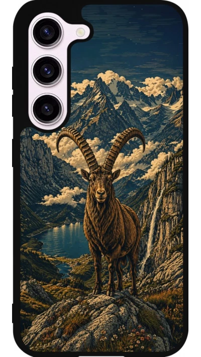 Coque Samsung Galaxy S23 - Silicone rigide noir Linocut Bouquetin