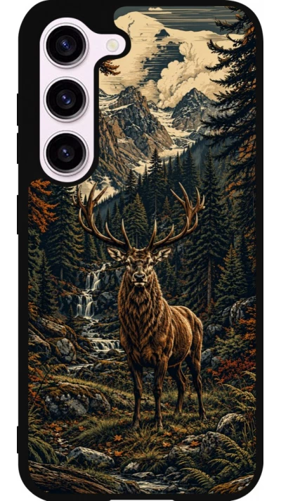 Coque Samsung Galaxy S23 - Silicone rigide noir Linocut Cerf
