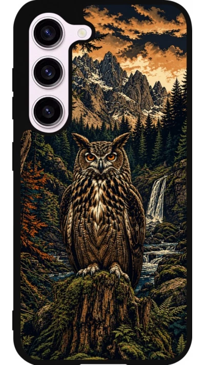 Coque Samsung Galaxy S23 - Silicone rigide noir Linocut Grand-Duc