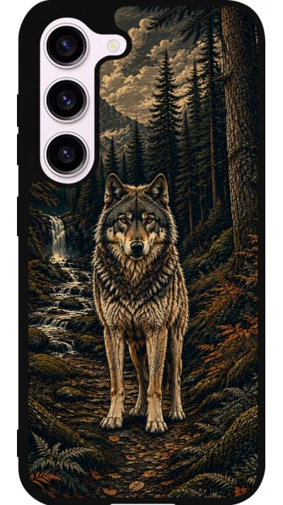 Coque Samsung Galaxy S23 - Silicone rigide noir Linocut Loup