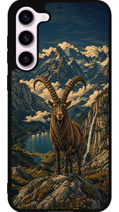Coque Samsung Galaxy S23+ - Silicone rigide noir Linocut Bouquetin