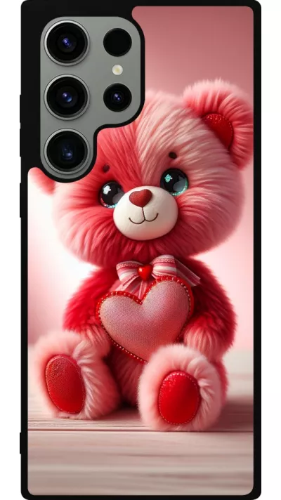 Coque Samsung Galaxy S23 Ultra - Silicone rigide noir Valentine 2024 Ourson rose
