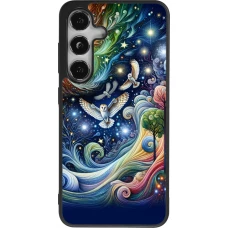 Coque Samsung Galaxy S24 - Silicone rigide noir hibou volant floral
