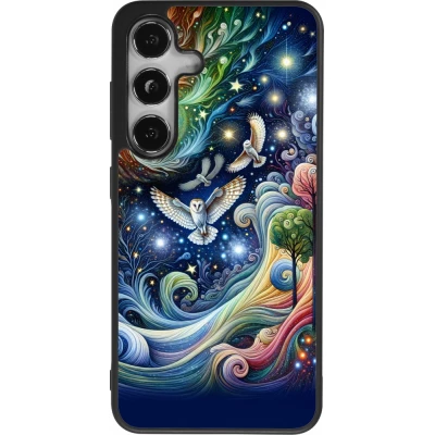 Coque Samsung Galaxy S24 - Silicone rigide noir hibou volant floral