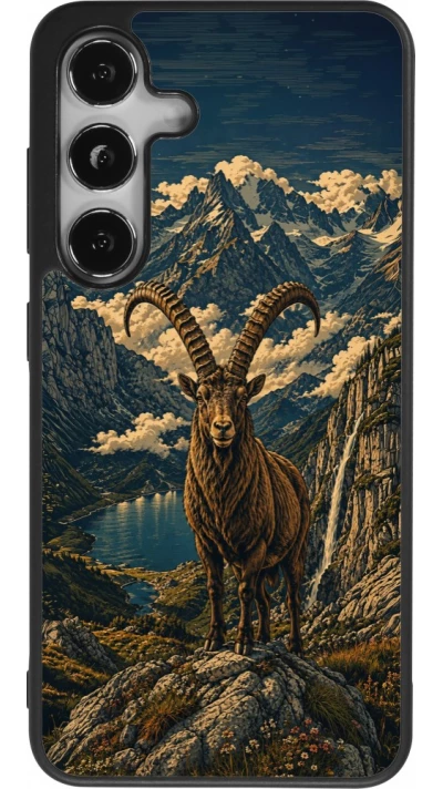 Coque Samsung Galaxy S24 - Silicone rigide noir Linocut Bouquetin