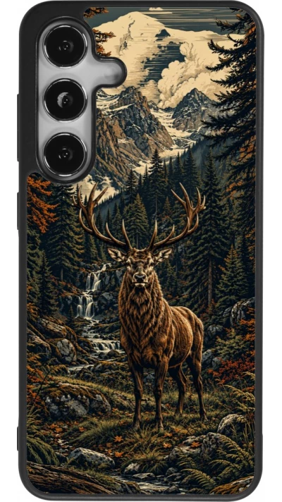 Coque Samsung Galaxy S24 - Silicone rigide noir Linocut Cerf