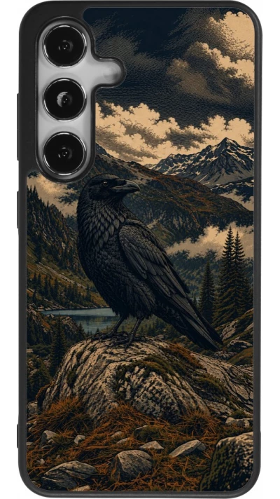 Coque Samsung Galaxy S24 - Silicone rigide noir Linocut Grand Corbeau