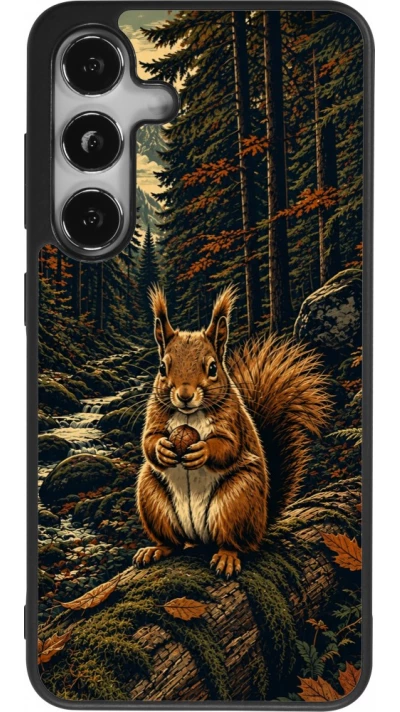 Coque Samsung Galaxy S24 - Silicone rigide noir Linocut Ecureuil