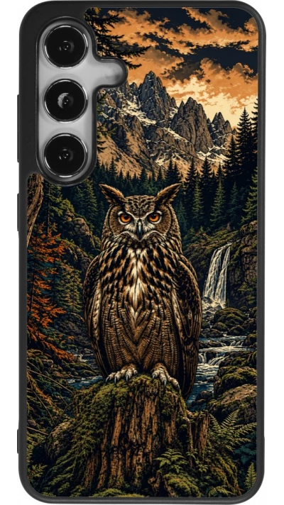 Coque Samsung Galaxy S24 - Silicone rigide noir Linocut Grand-Duc
