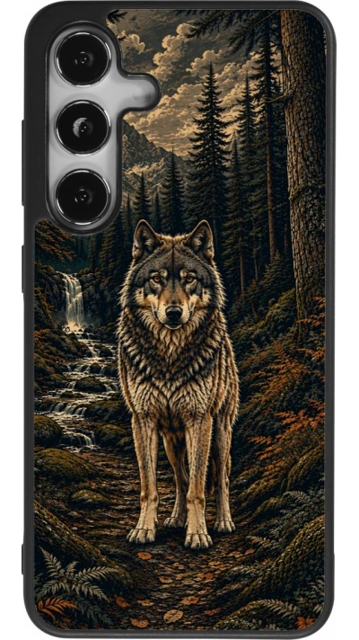 Coque Samsung Galaxy S24 - Silicone rigide noir Linocut Loup