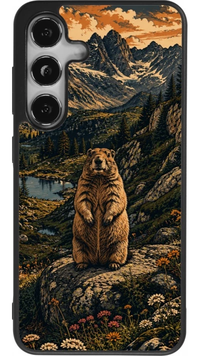 Coque Samsung Galaxy S24 - Silicone rigide noir Linocut Marmotte