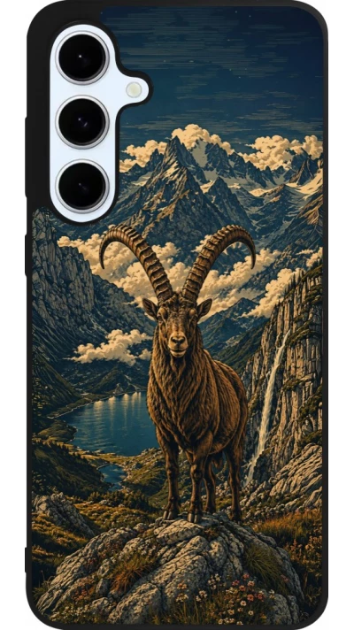 Coque Samsung Galaxy S24 FE - Silicone rigide noir Linocut Bouquetin