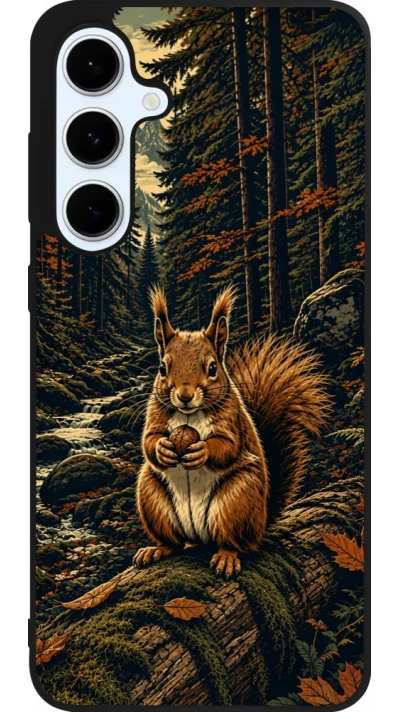 Coque Samsung Galaxy S24 FE - Silicone rigide noir Linocut Ecureuil