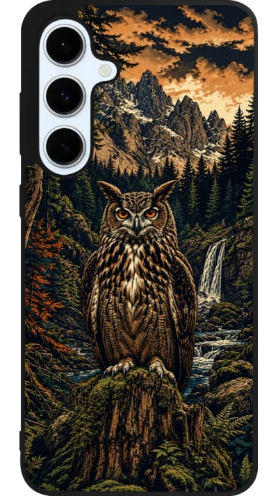 Coque Samsung Galaxy S24 FE - Silicone rigide noir Linocut Grand-Duc