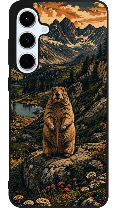 Coque Samsung Galaxy S24 FE - Silicone rigide noir Linocut Marmotte