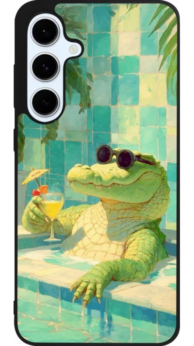 Coque Samsung Galaxy S24 FE - Silicone rigide noir Crocodile in the swimming pool Summer 2026