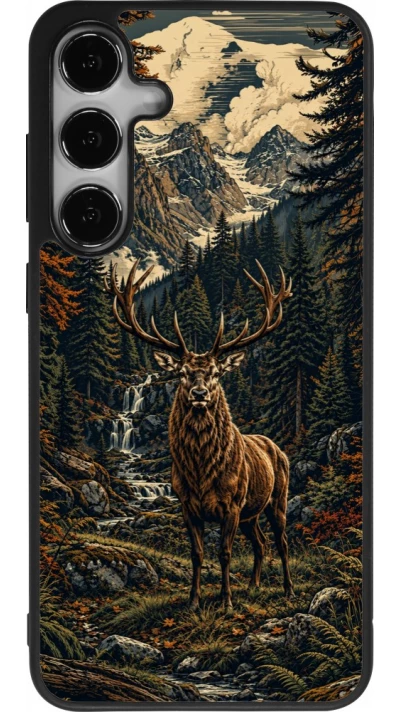 Coque Samsung Galaxy S24+ - Silicone rigide noir Linocut Cerf