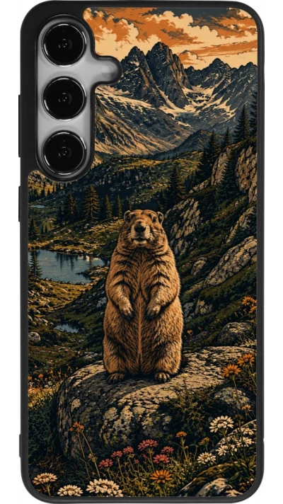 Coque Samsung Galaxy S24+ - Silicone rigide noir Linocut Marmotte