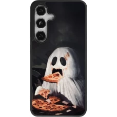Coque Samsung Galaxy S25 - Silicone rigide noir Halloween 2026 Ghost eating pizza