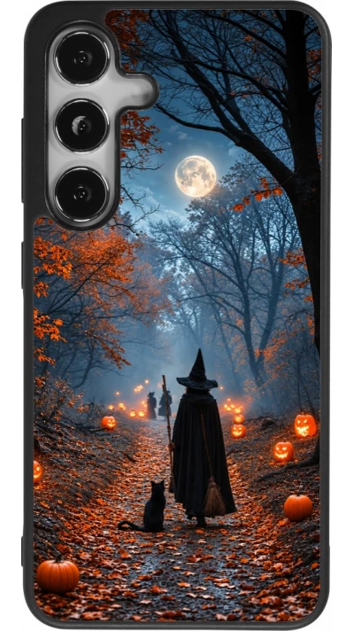 Coque Samsung Galaxy S25 - Silicone rigide noir Halloween 2026 Witch with a cat
