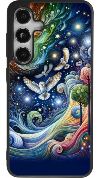 Coque Samsung Galaxy S25 - Silicone rigide noir hibou volant floral