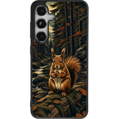 Coque Samsung Galaxy S25 - Silicone rigide noir Linocut Ecureuil