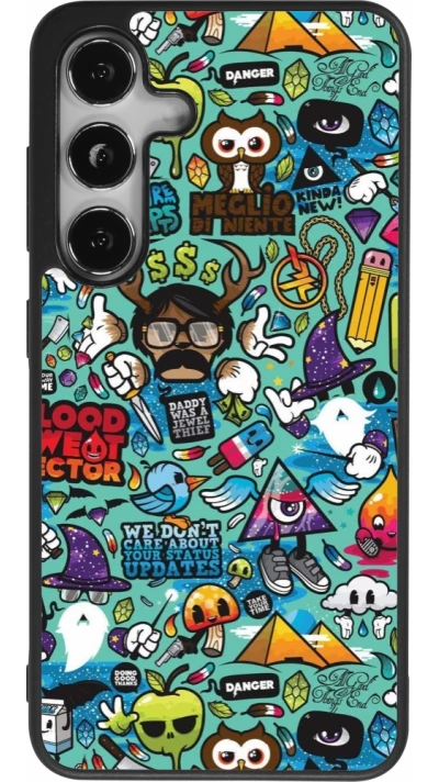 Coque Samsung Galaxy S25 - Silicone rigide noir Mixed Cartoons Turquoise