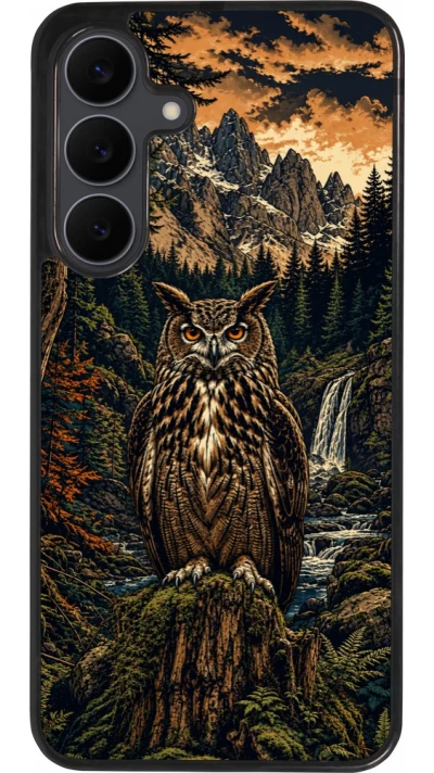 Coque Samsung Galaxy S25 FE - Silicone rigide noir Linocut Grand-Duc