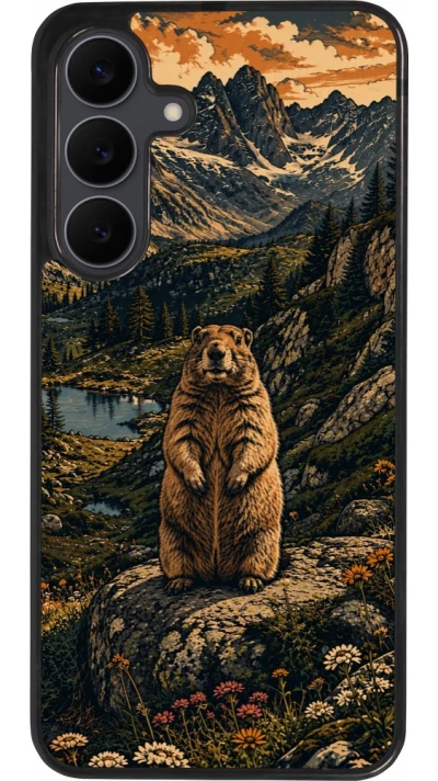 Coque Samsung Galaxy S25 FE - Silicone rigide noir Linocut Marmotte