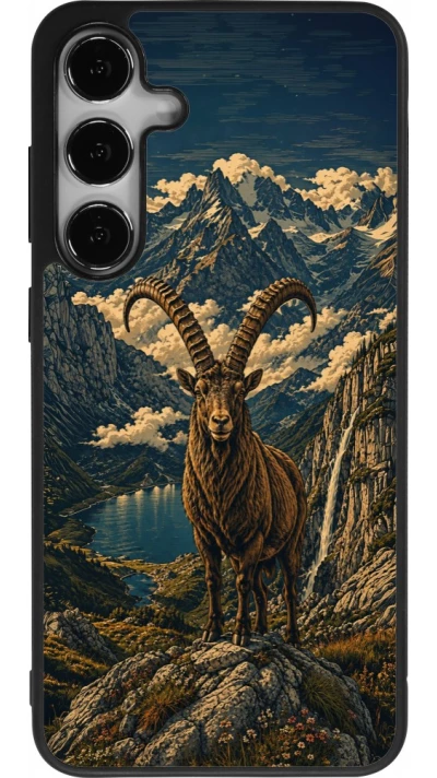 Coque Samsung Galaxy S25+ - Silicone rigide noir Linocut Bouquetin
