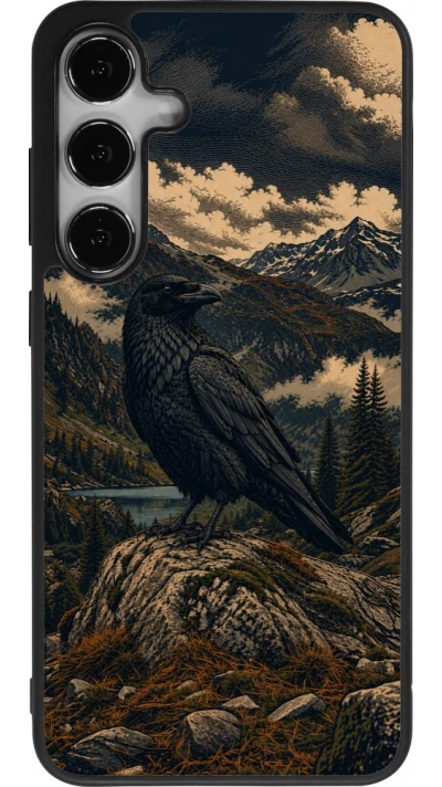 Coque Samsung Galaxy S25+ - Silicone rigide noir Linocut Grand Corbeau