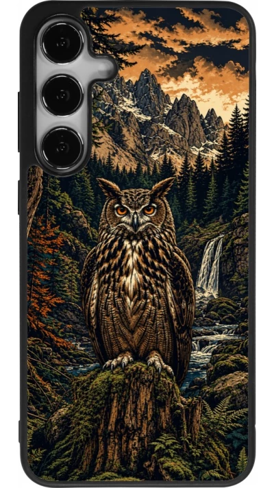 Coque Samsung Galaxy S25+ - Silicone rigide noir Linocut Grand-Duc