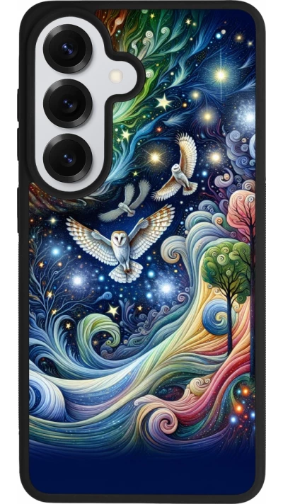 Coque Samsung Galaxy S26 - Silicone rigide noir hibou volant floral