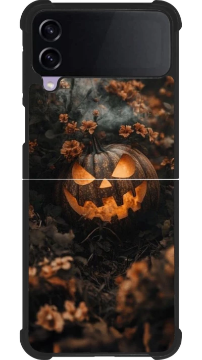 Coque Samsung Galaxy Z Flip3 5G - Silicone rigide noir Halloween 2025 Pumpkin with flowers