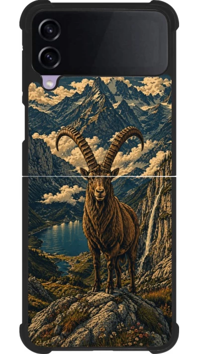Coque Samsung Galaxy Z Flip4 - Silicone rigide noir Linocut Bouquetin