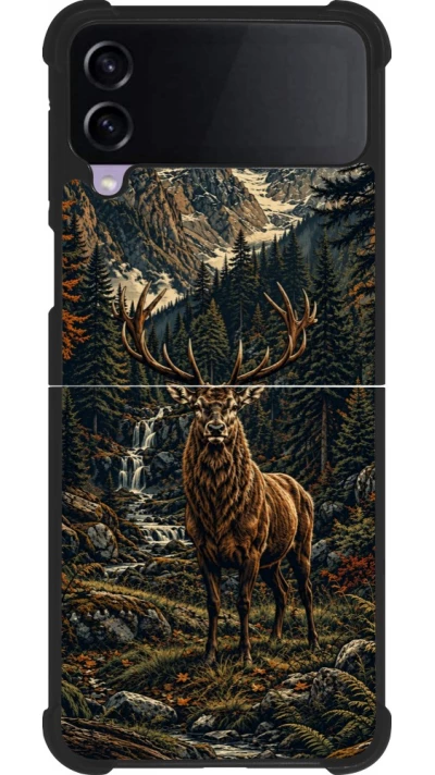 Coque Samsung Galaxy Z Flip4 - Silicone rigide noir Linocut Cerf
