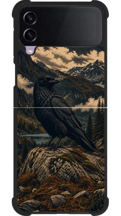 Coque Samsung Galaxy Z Flip4 - Silicone rigide noir Linocut Grand Corbeau