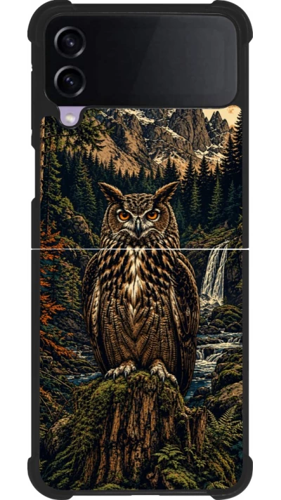 Coque Samsung Galaxy Z Flip4 - Silicone rigide noir Linocut Grand-Duc