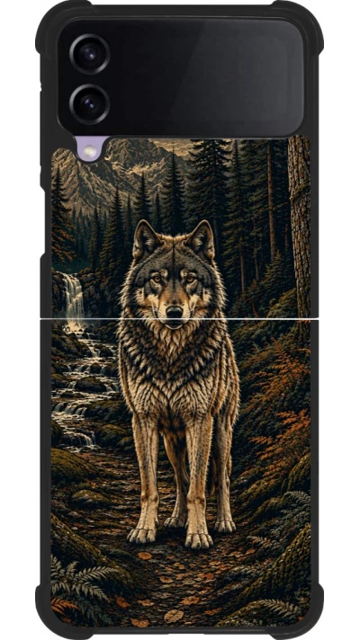 Coque Samsung Galaxy Z Flip4 - Silicone rigide noir Linocut Loup
