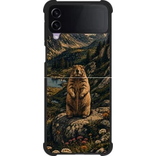 Coque Samsung Galaxy Z Flip4 - Silicone rigide noir Linocut Marmotte