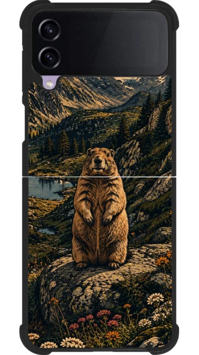 Coque Samsung Galaxy Z Flip4 - Silicone rigide noir Linocut Marmotte