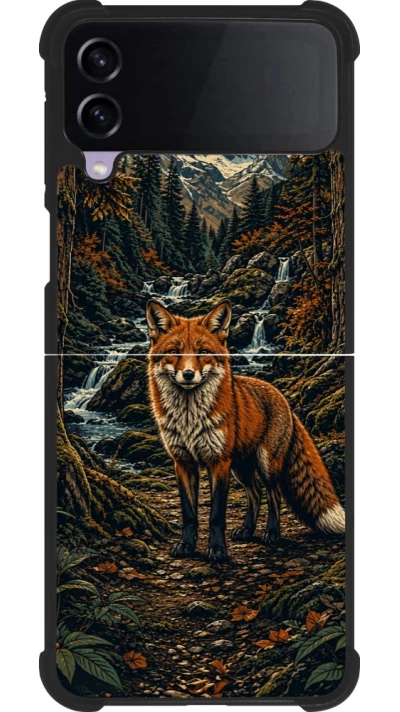 Coque Samsung Galaxy Z Flip4 - Silicone rigide noir Linocut Renard